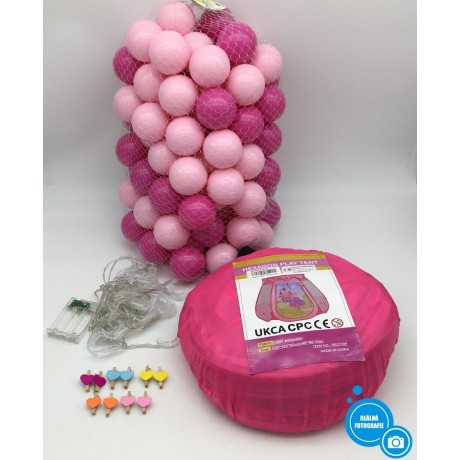 Dívčí hrací stan s míčky a světýlky Becontrip, růžová, 100 ks
