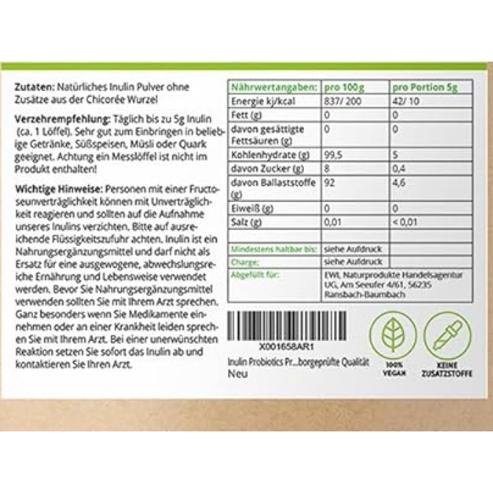 Inulinový prášek Ewl Naturprodukte Inulin Natürliche Ballaststoffe, 1100g