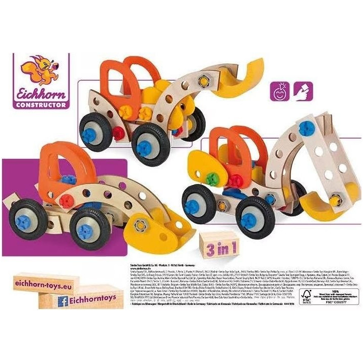 Dřevěná stavebnice pro děti EICHHORN Constructor Excavator 3 v 1, 90 dílků