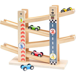 Dřevěná dráha pro autíčka ENJOY & LOVE Car Track Toy YL 0101020026, 4 x autíčko