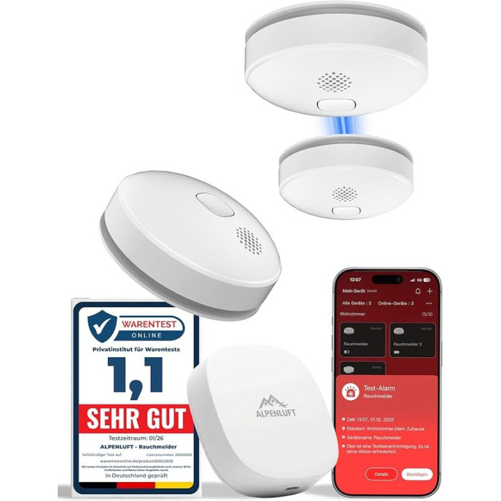 SMART hlásič kouře ALPENLUFT ISA-HUB01 (ISA-10000), 3 ks, bílá